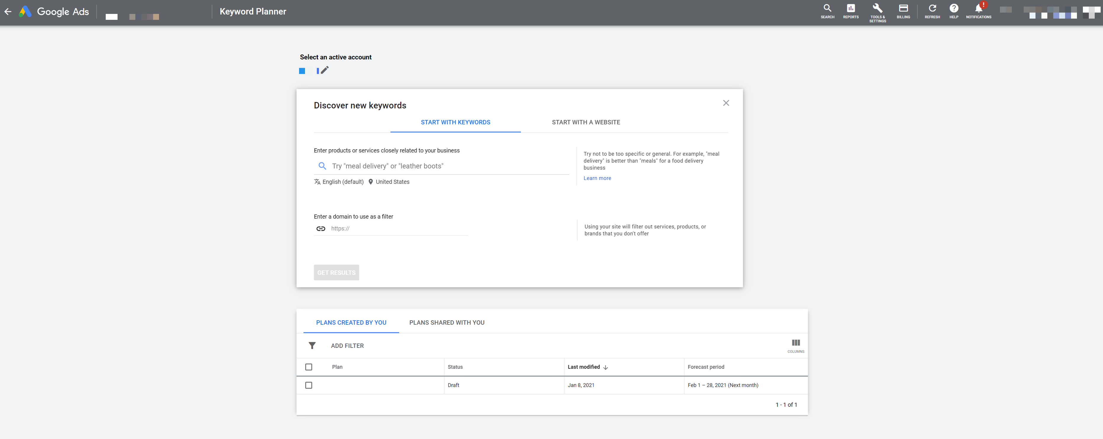Interface do planejador de palavras -chave do Google ADS