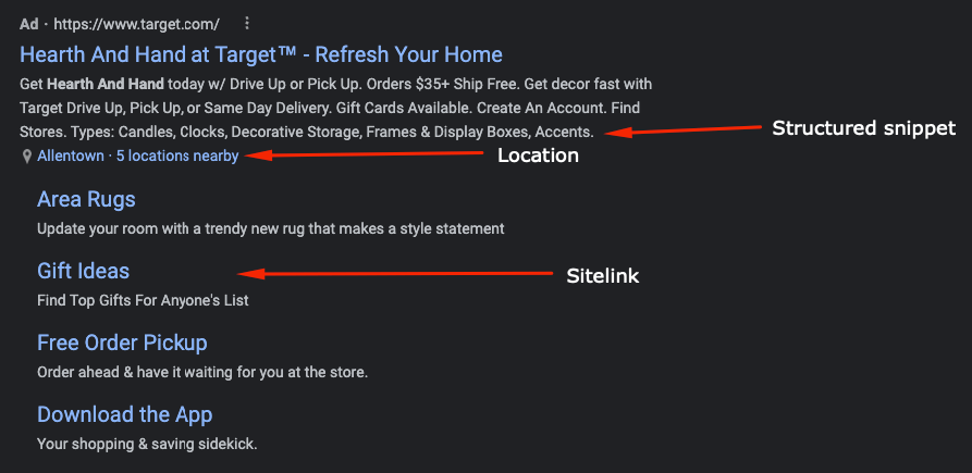 Extensões de anúncios usadas em uma lareira e anúncio manual do alvo