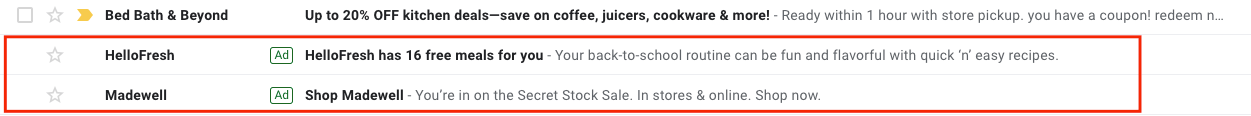 Anúncios do Gmail para Hello Fresh and Madewell