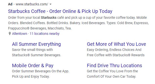 PPC AD com extensões de anúncios para a Starbucks