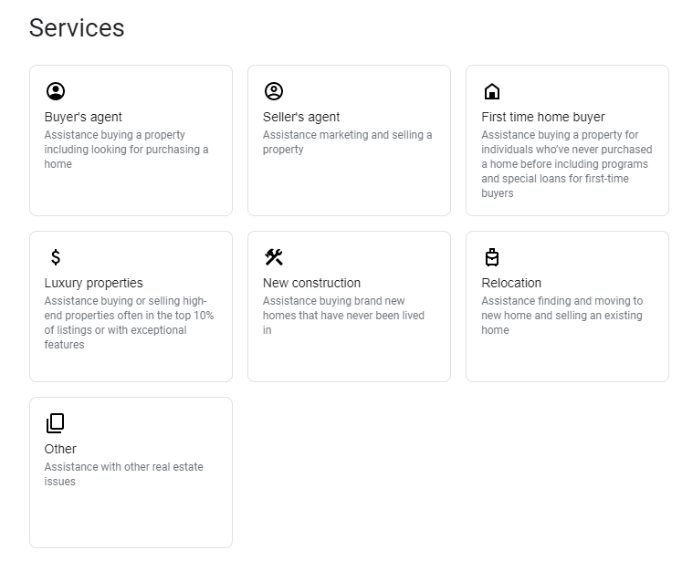 Lista de serviços imobiliários oferecidos por uma empresa imobiliária por meio de anúncios de serviços locais do Google