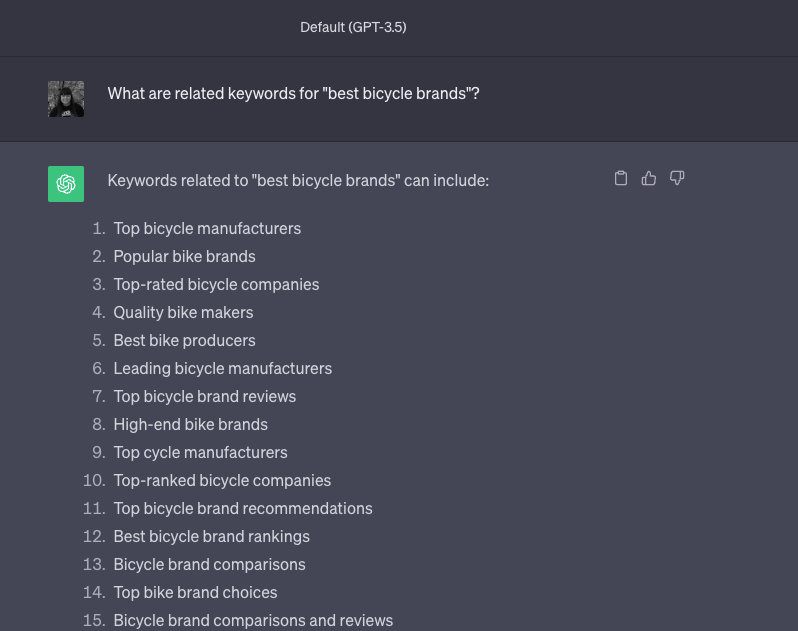 Chatgpt gerando uma lista de palavras -chave sobre as melhores marcas de bicicleta