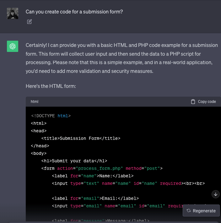 Chatgpt Gerando codificação para um formulário de envio em um site