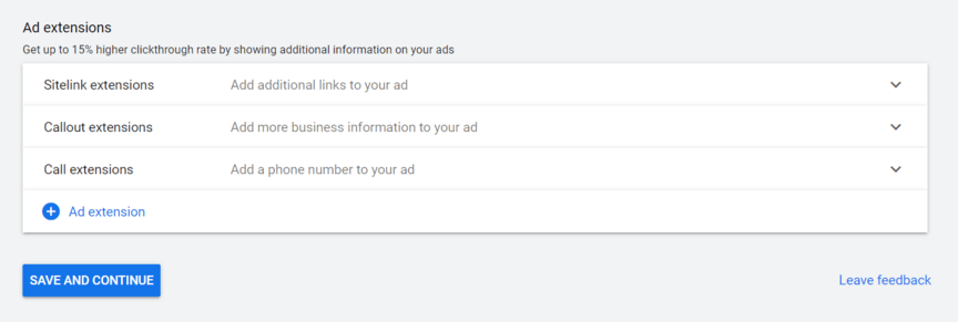 Página de extensão de anúncios do Google anúncios