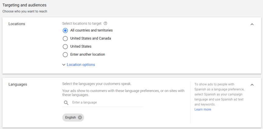 Página de segmentação de anúncios do Google