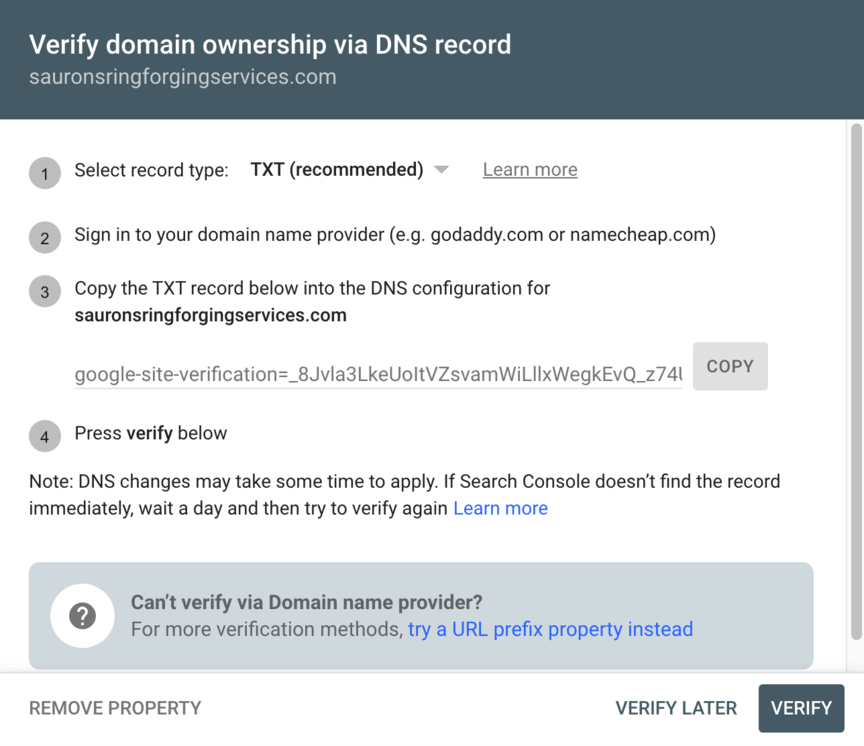 Página de console de pesquisa do Google solicitando o usuário a verificar a propriedade do domínio