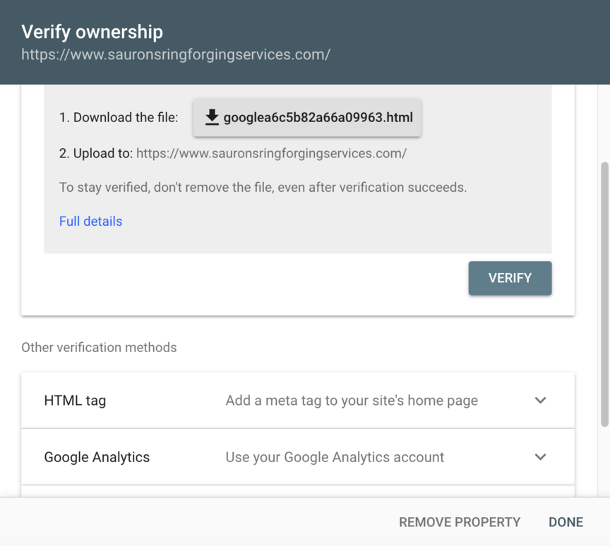 Página de console de pesquisa do Google para verificar a propriedade usando o prefixo URL