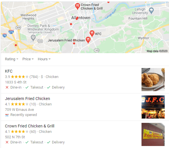 Uma captura de tela de um mapa resultado do Google Search para galinhas fritas