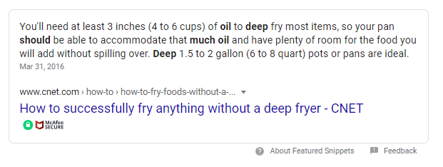 Uma captura de tela de um resultado de pesquisa no Google apresentou snippet