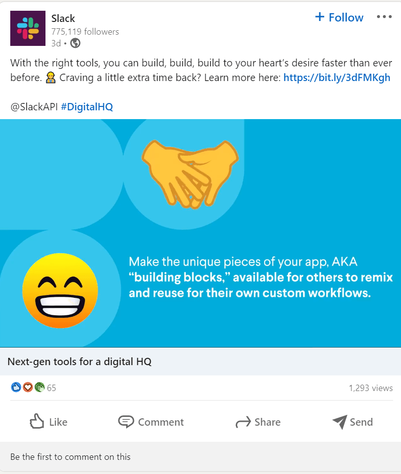 Um post de LinkedIn Slack com emojis 