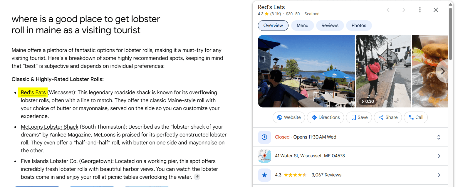 Citação do perfil de negócios do Google no modo Ai