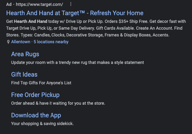 PPC AD do Target para sua lareira e linha de mão