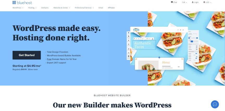 Página inicial do Bluehost