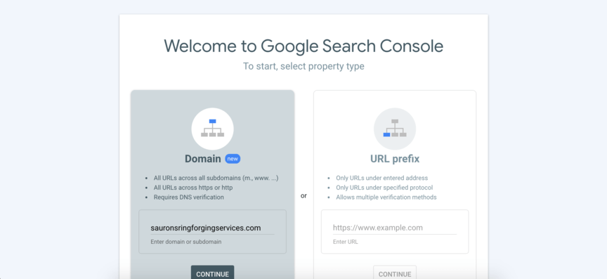 Tela de configuração de propriedades no Google Search Console
