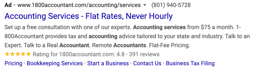 Exemplo de extensão de anúncios do Google Ads Star Review