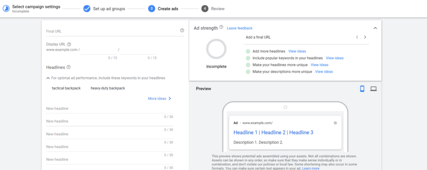 Página de criação de anúncios do Google anúncios