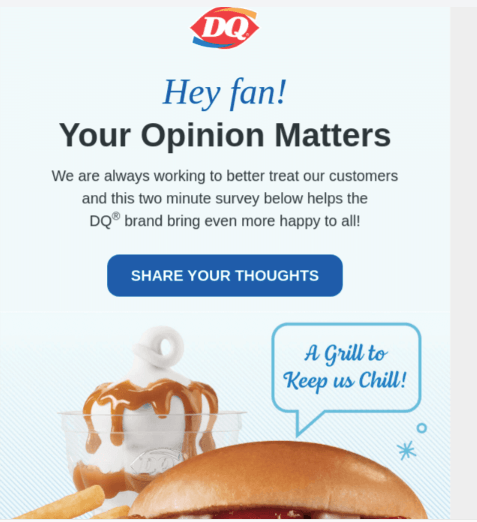 Pesquisa por e -mail da Dairy Queen pedindo opiniões sobre seus negócios