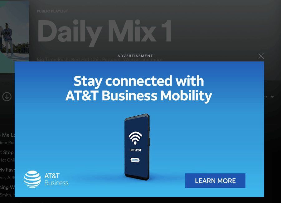 Exibir anúncio para AT&T no Spotify Desktop