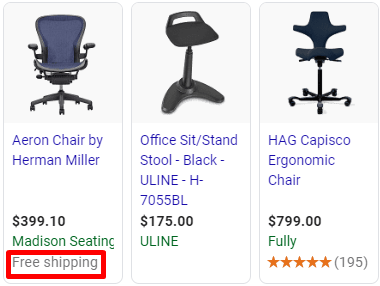 Frete grátis para anúncio de compras do Google.