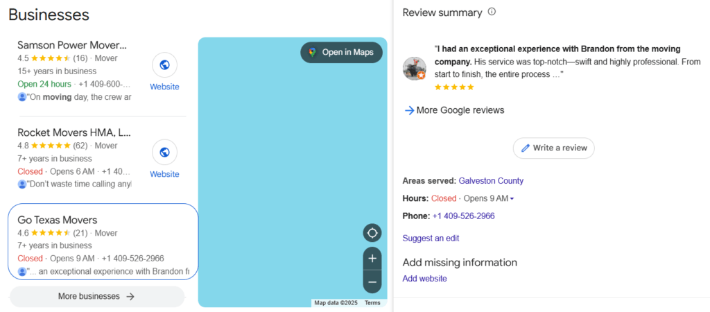 Uma revisão de perfil de negócios do Google para uma empresa em movimento