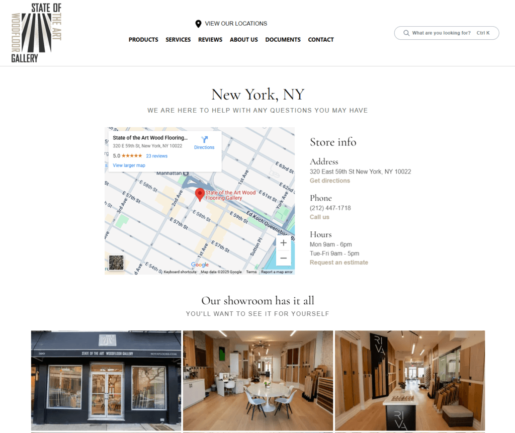 Página de localização no site de uma loja de pisos
