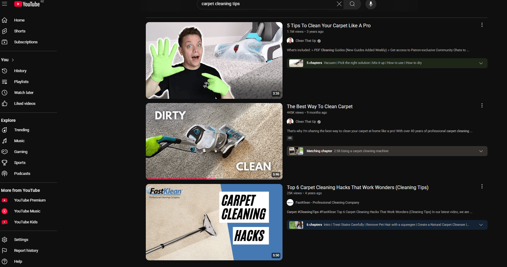 Resultados de vídeo do YouTube para limpeza de carpetes