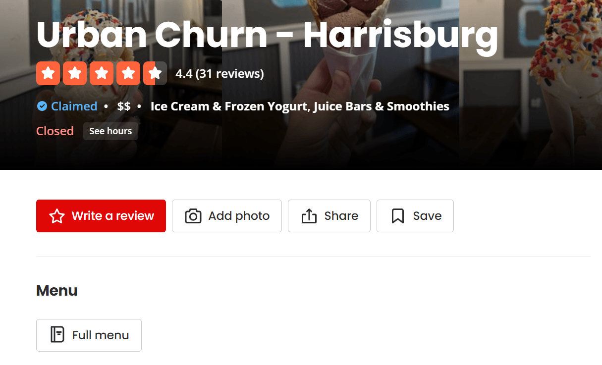 Página do Yelp para sorvete urbano