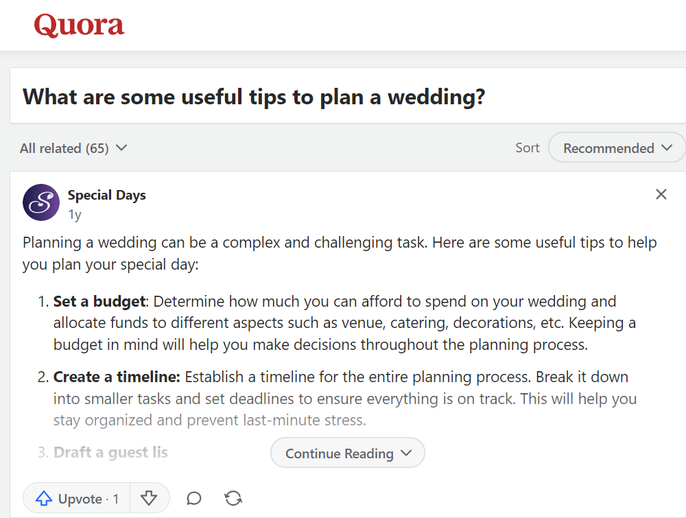Tópico sobre dicas de planejamento de casamento no Quora