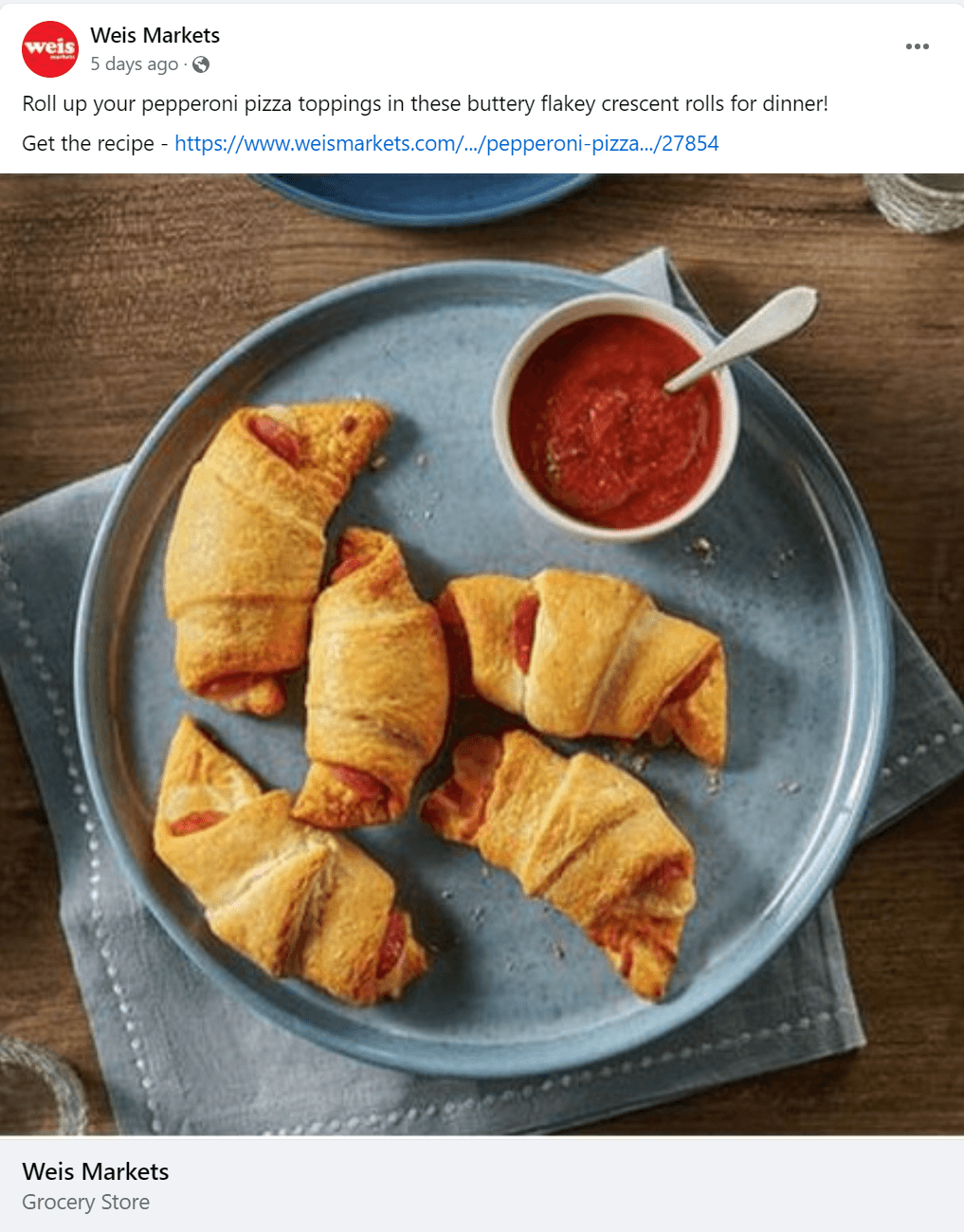 Postagem de mídia social na página de Weis no Facebook, levando a uma receita