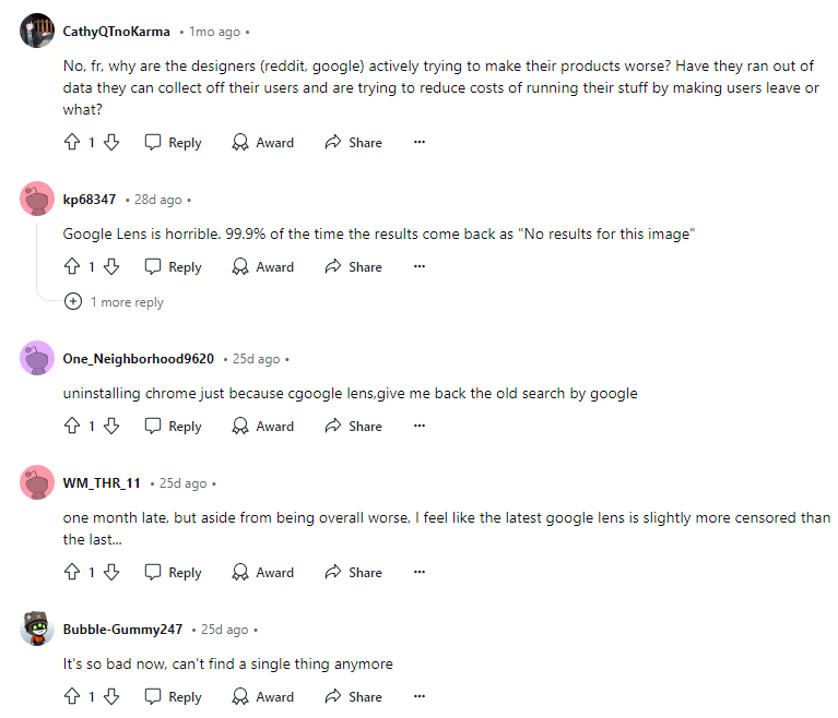 Comentários do Google Lens Reddit