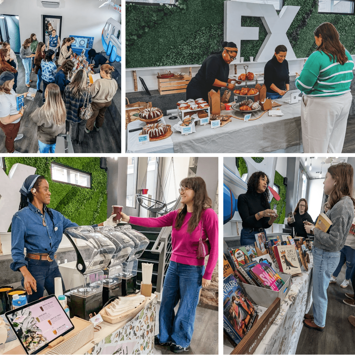 Colagem de fotos das celebrações do Black History Month com um vendedor de smoothie, fornecedor de livros e padaria