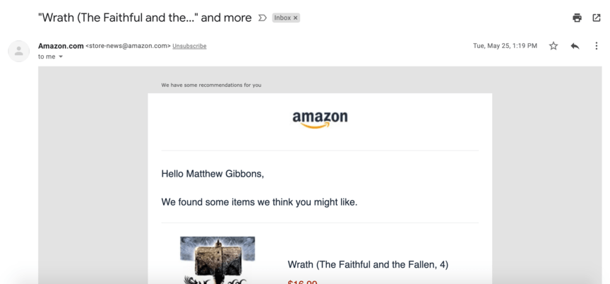 Recomendação de e -mail da Amazon Wrath