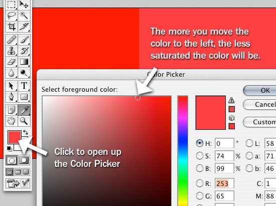 Use o seletor de cores para reduzir a saturação