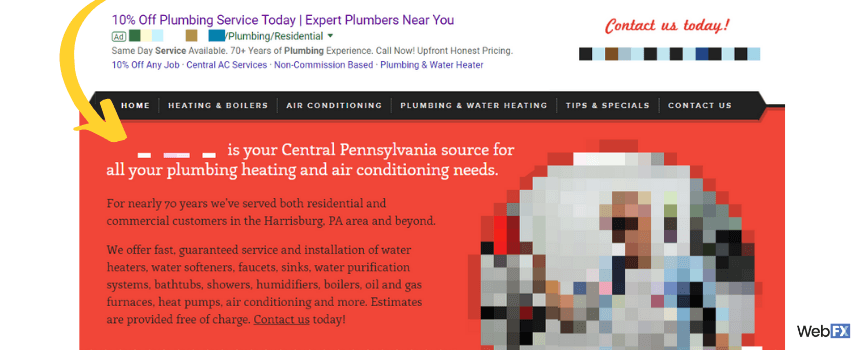 Uma segunda captura de tela de uma página de destino para um anúncio do Google