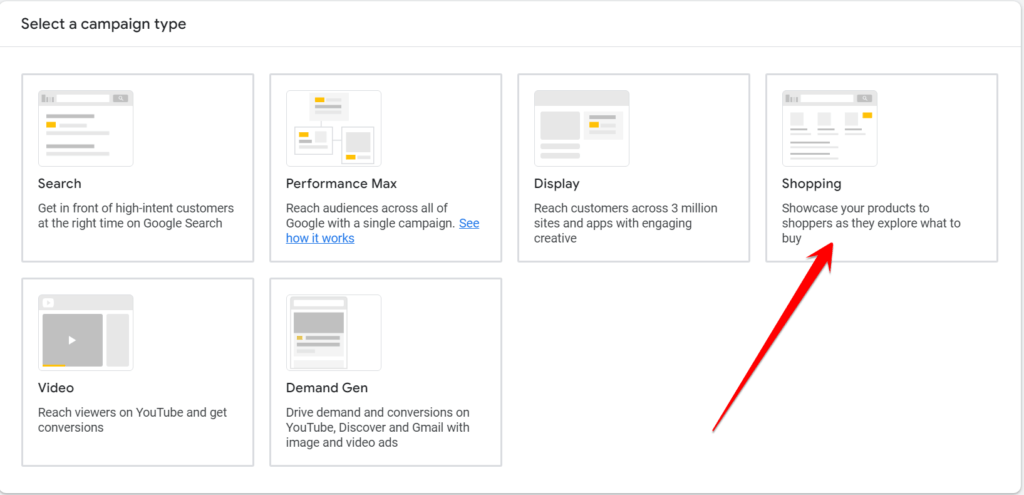 Interface do Google ADS mostrando diferentes tipos de anúncios para executar, com uma flecha apontando para anúncios de compras