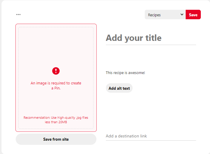 Processo de upload para o Pinterest