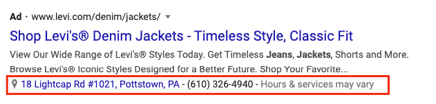 Exemplo de extensão de anúncios de um anúncio de Levi