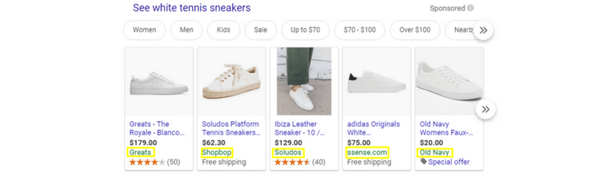 Um exemplo de compras do Google mostrando o nome da marca