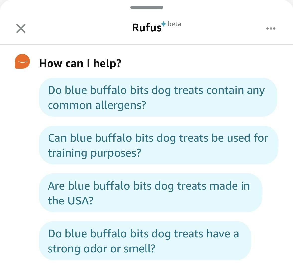 Interface do chatbot Rufus AI (versão beta) exibindo 