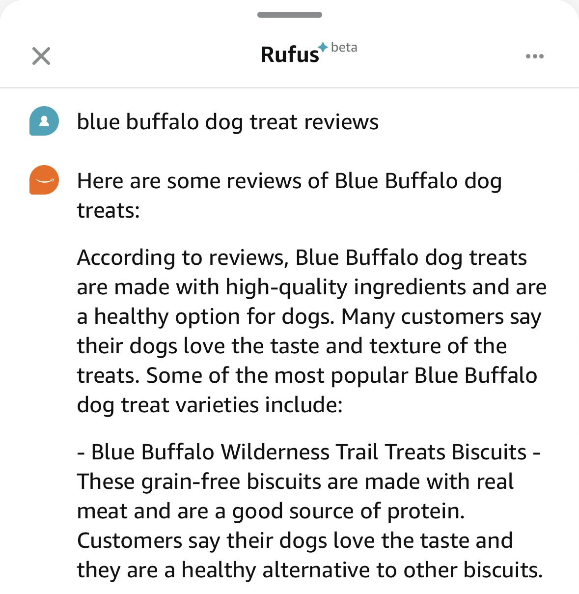 Interface do chatbot Rufus AI (beta) mostrando conversas sobre avaliações de guloseimas para cães Blue Buffalo