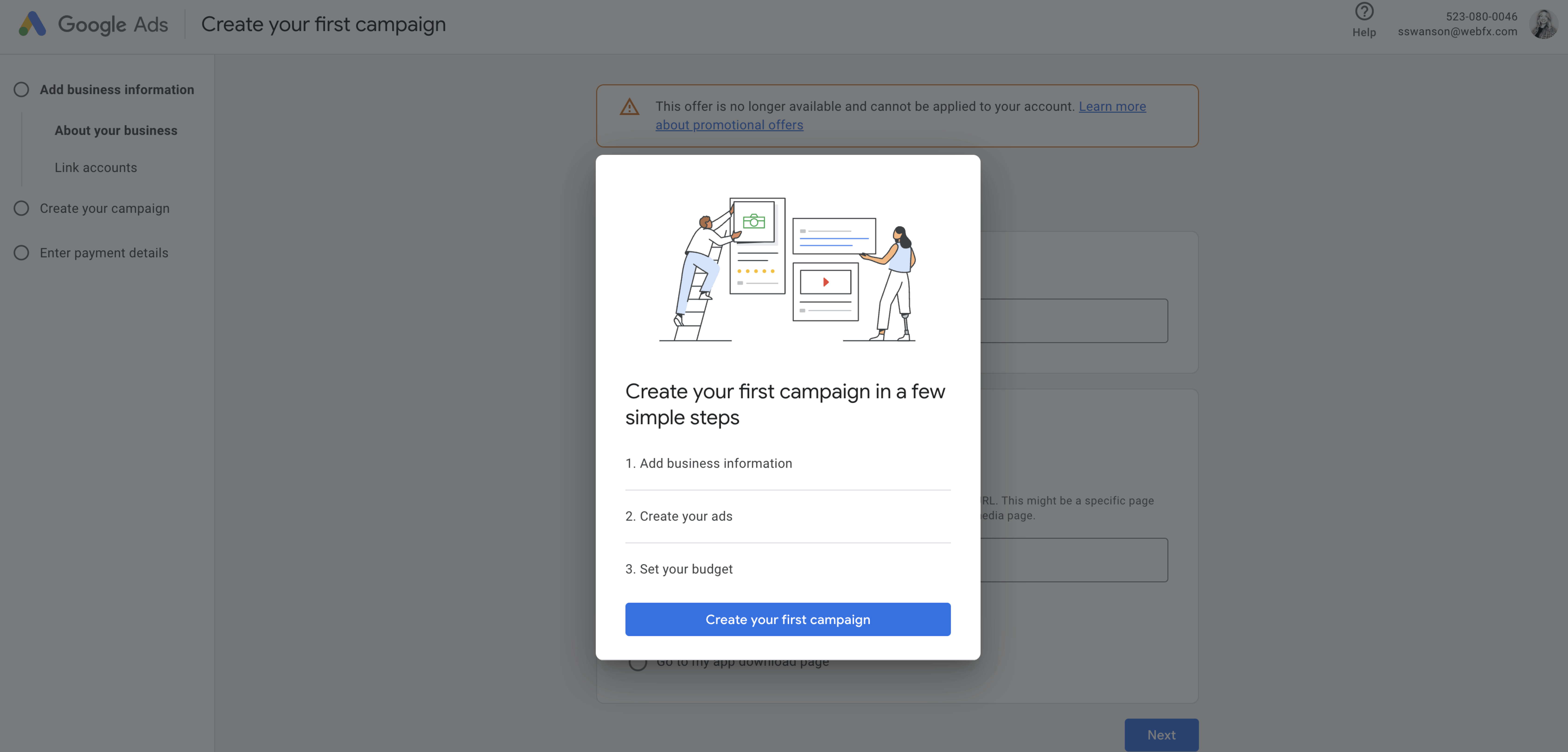 Página de configuração do Google Anúncios