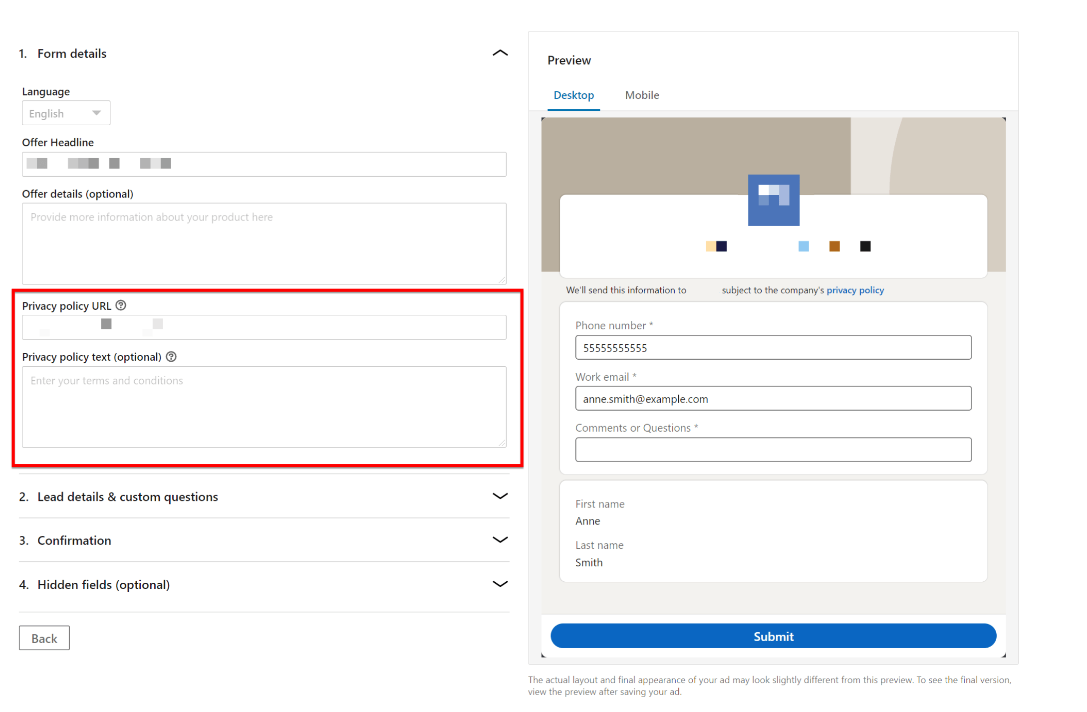 Política de privacidade de forma de geração