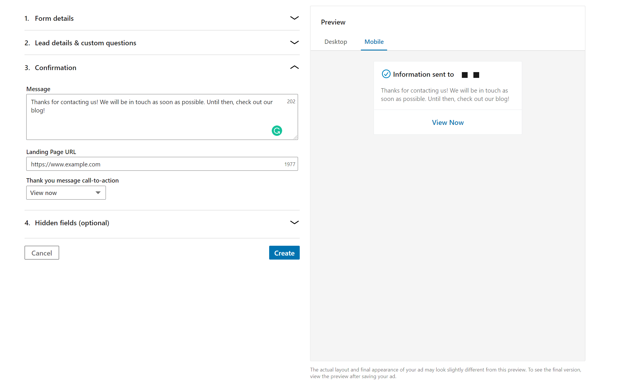 Página de confirmação de formulário de geração de geração