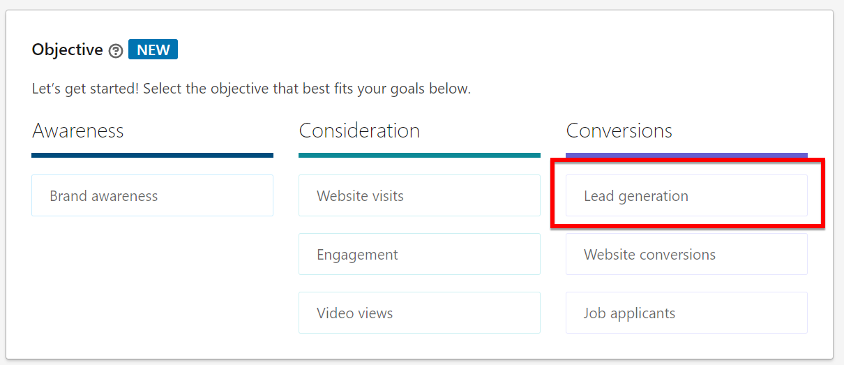 Selecione a geração de lead como objetivo