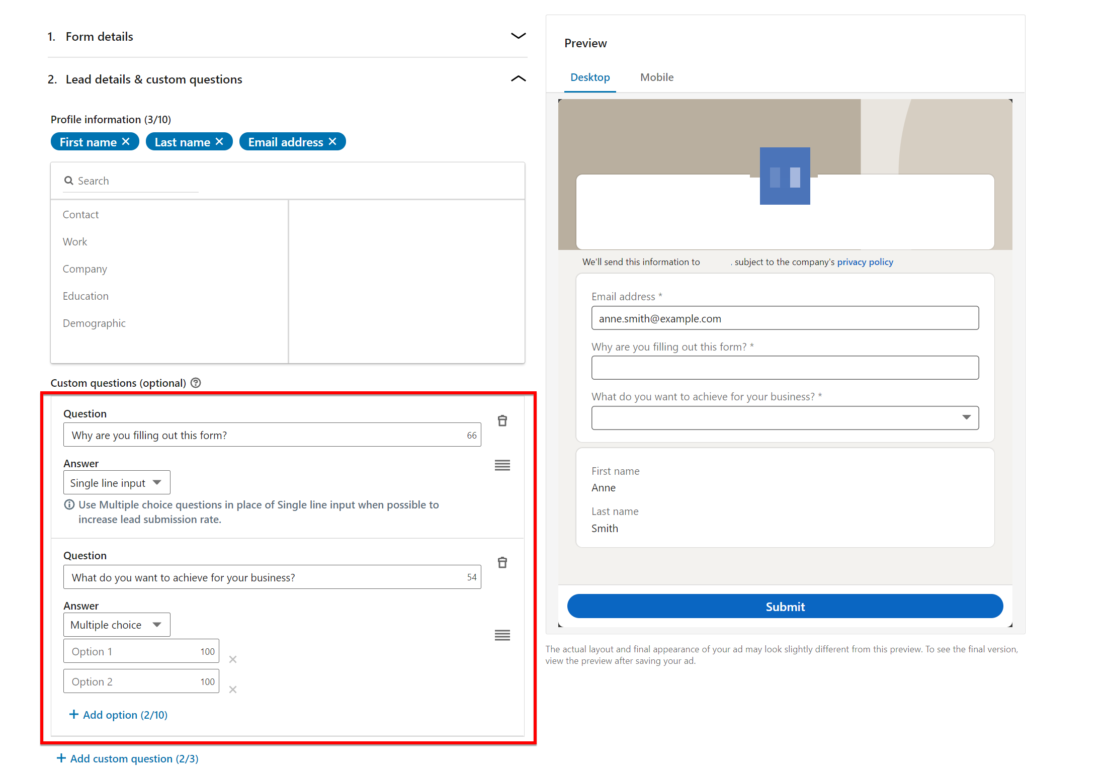 Perguntas adicionais do formulário do LinkedIn