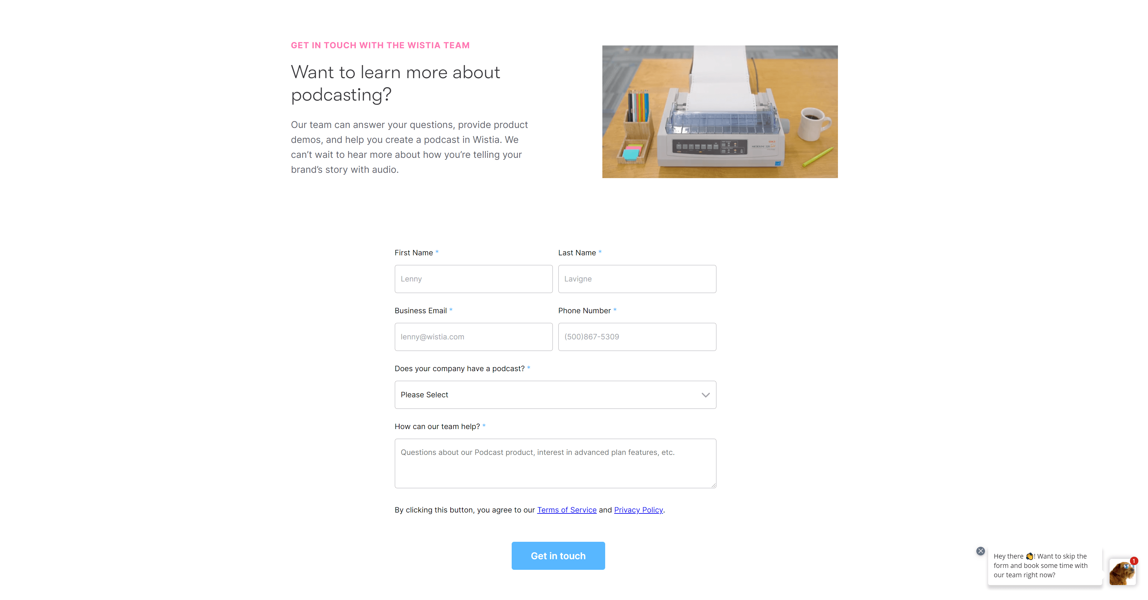 Uma página de destino para Wistia