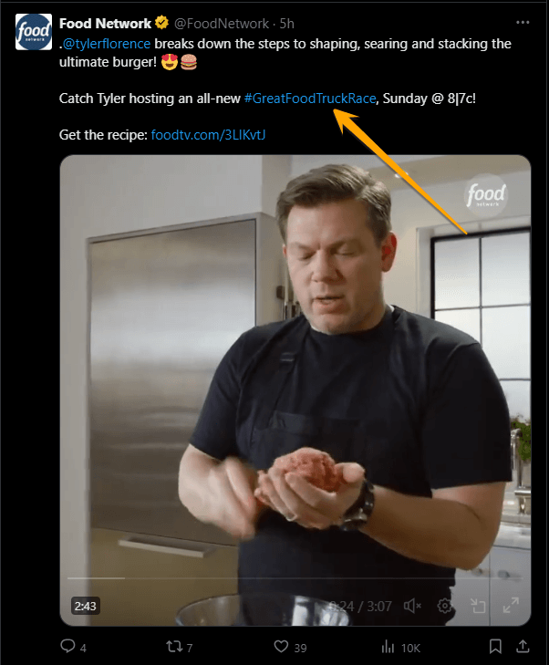 Postagem do Twitter em Food Network usando uma hashtag