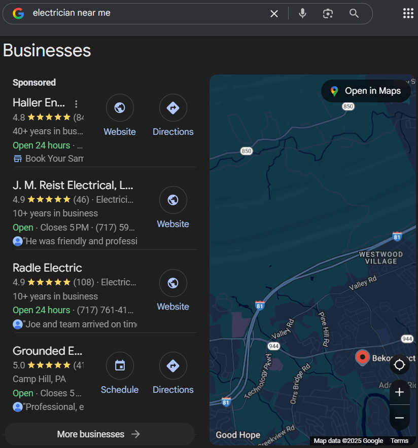 Resultados do mapa do Google para eletricistas