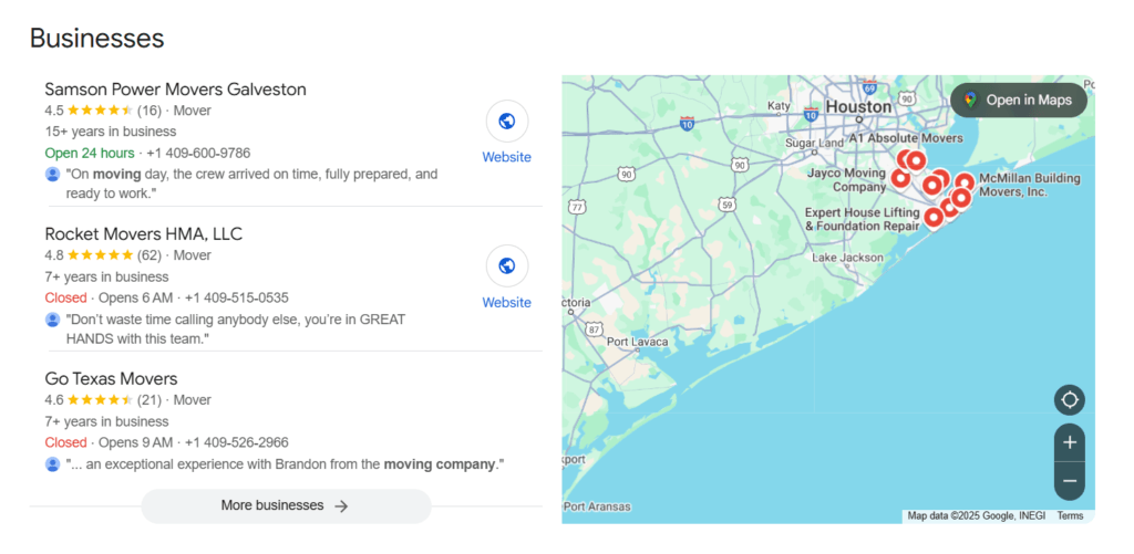 Listagens de perfis de negócios do Google para empresa de movimentação