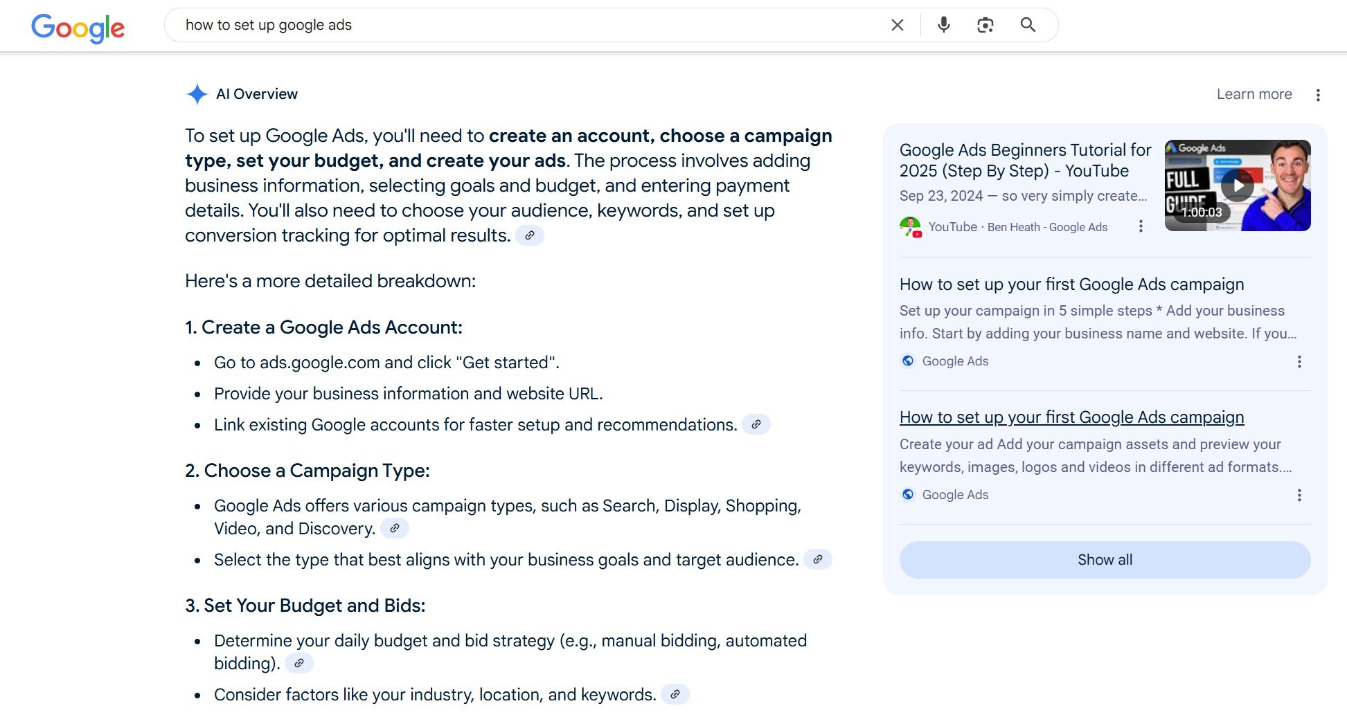 Visão geral da IA ​​para a pesquisa Como configurar os anúncios do Google